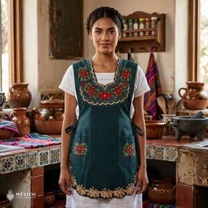 Mexican Embroidered Smock Apron – Floral Traditional Design